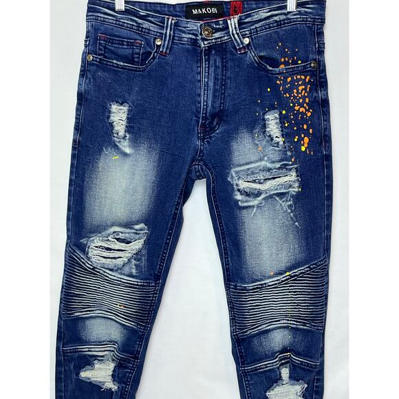 Makobi Men’s 32x32 Blue Cape Biker Streetwear Denim Dark Wash Jeans M1783 - Picture 9 of 11